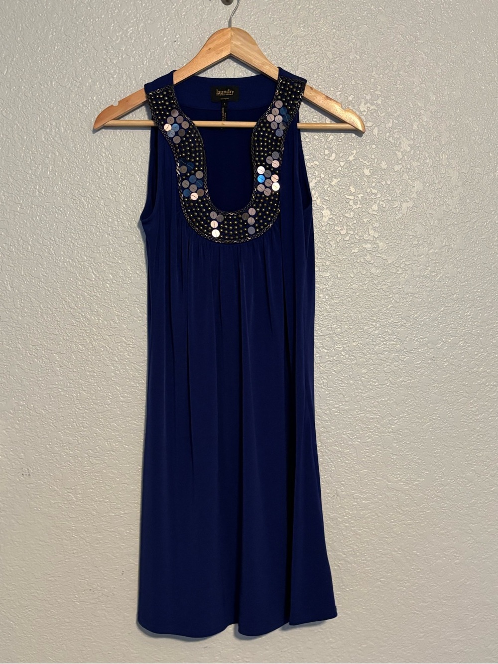 Laundry By Shelli Segal Navy Sleeveless Short Dress with Sequin Neckline